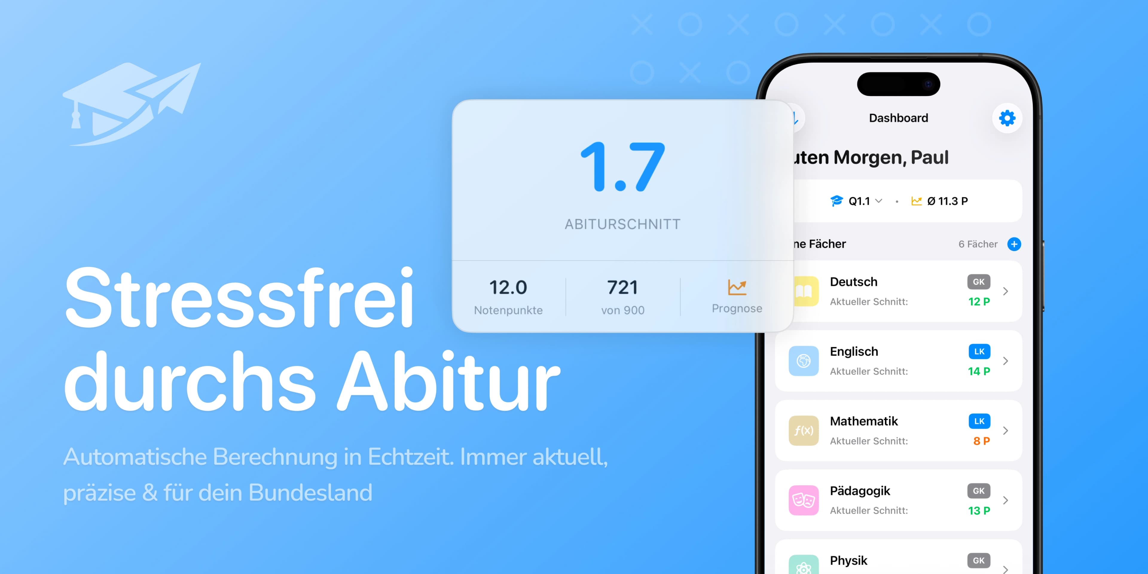 Abipilot Banner mit iPhone-Ansicht und Slogan Stressfrei durchs Abitur