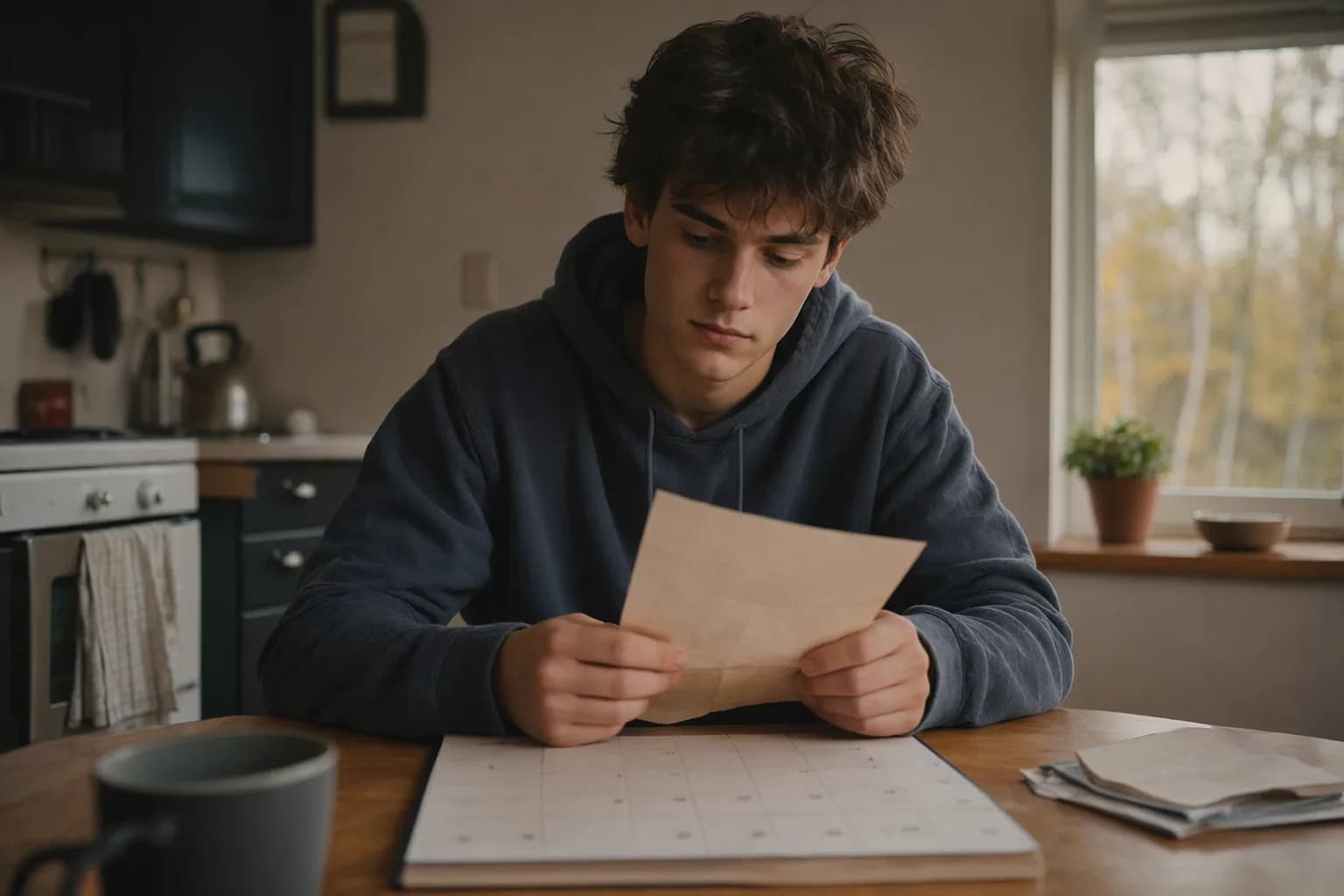 Ein Jugendlicher sitzt abends allein am Küchentisch vor einem geöffneten Brief und einem Kalender (mit KI erzeugtes Bild)