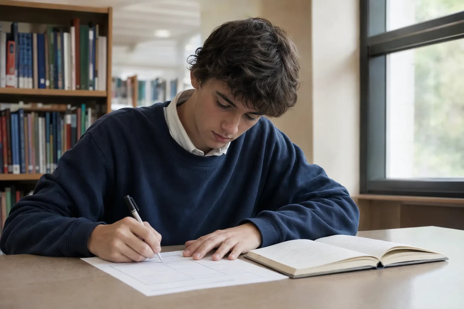 Schüler füllt an einem Schreibtisch in der Schulbibliothek ein Wahlformular für Prüfungsfächer aus (mit KI erzeugtes Bild)