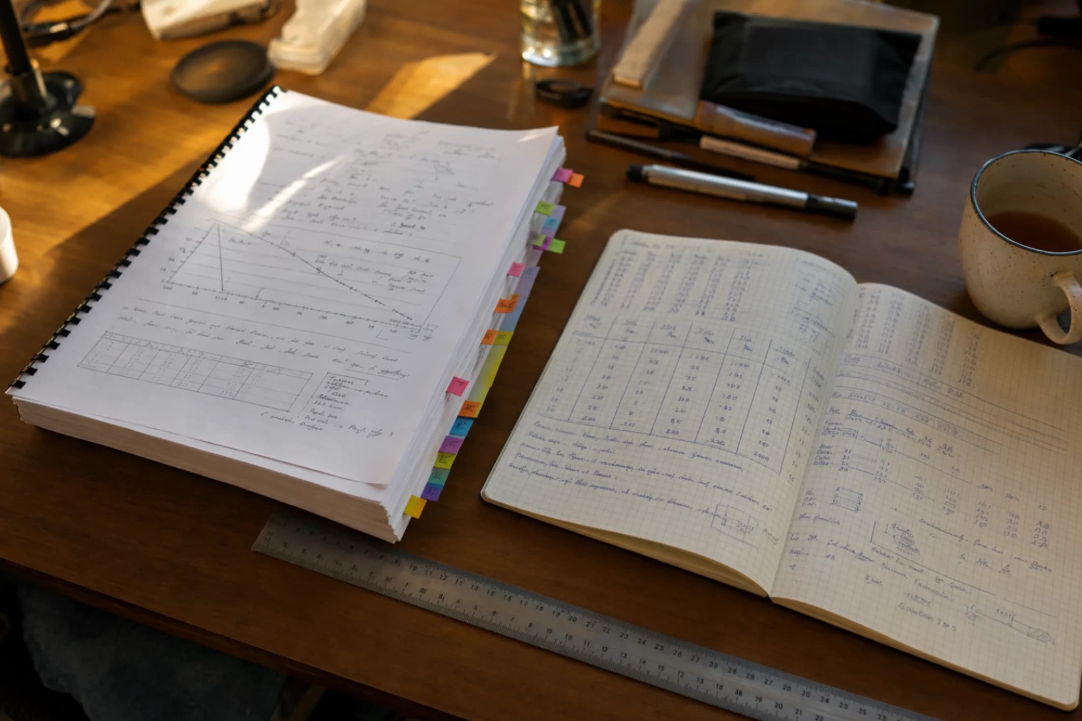 Ringgebundene Projektarbeit mit farbigen Klebezetteln neben einem aufgeschlagenen Messheft auf einem Schreibtisch (mit KI erzeugtes Bild)