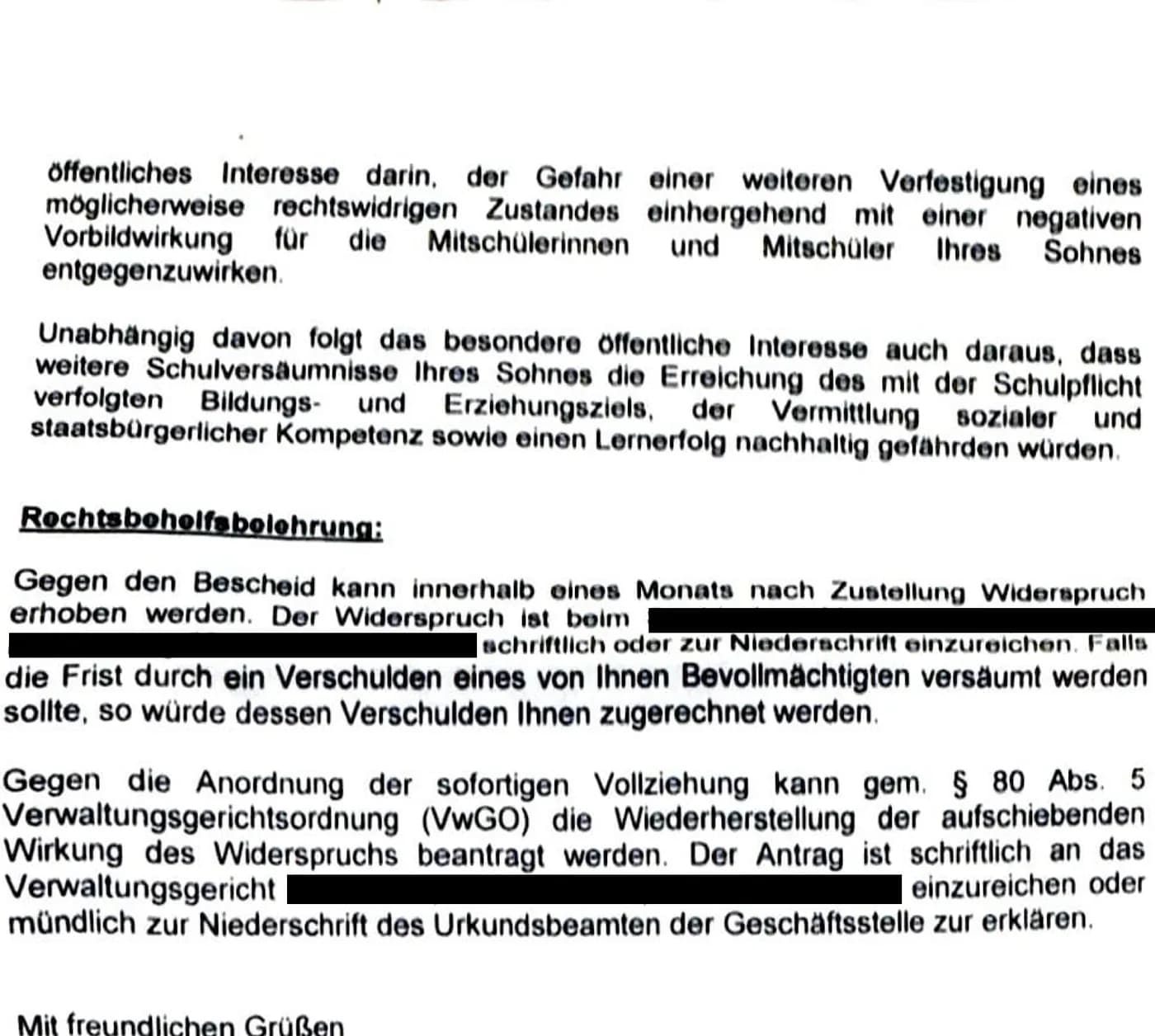 Anonymisierte Rechtsbehelfsbelehrung eines schulischen Attestpflicht-Bescheids