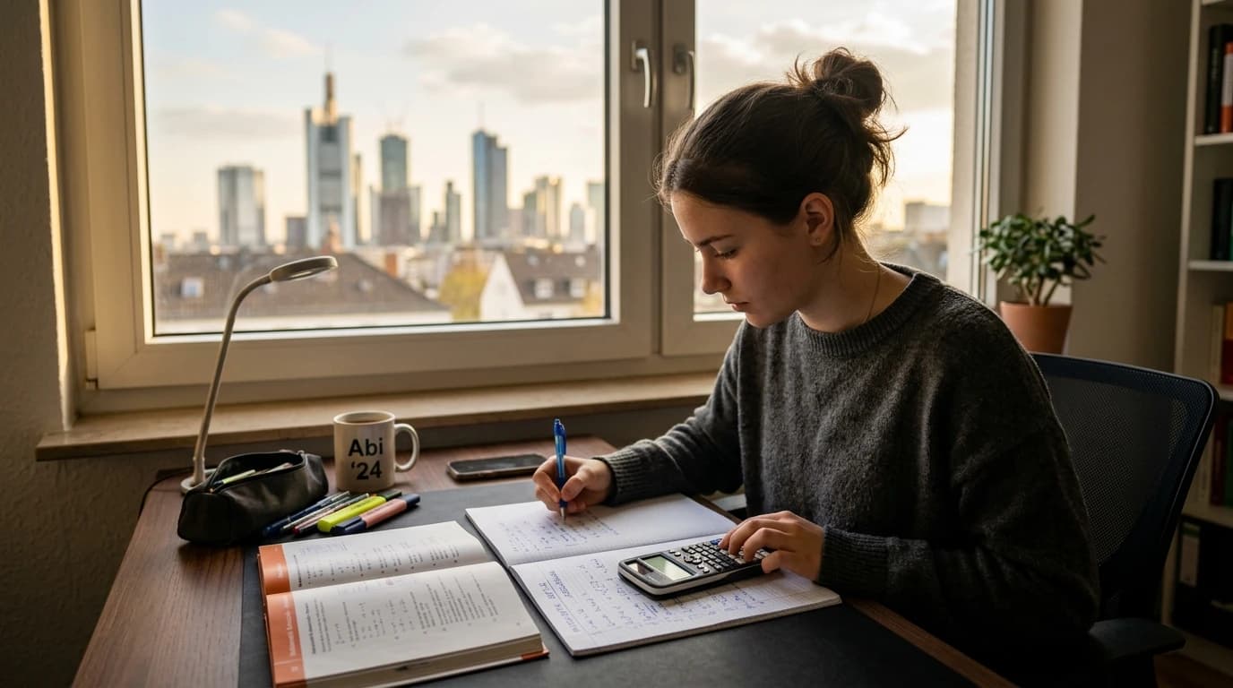 Schüler in Hessen lernt für das Abitur mit Notizbuch und Taschenrechner bei Tageslicht