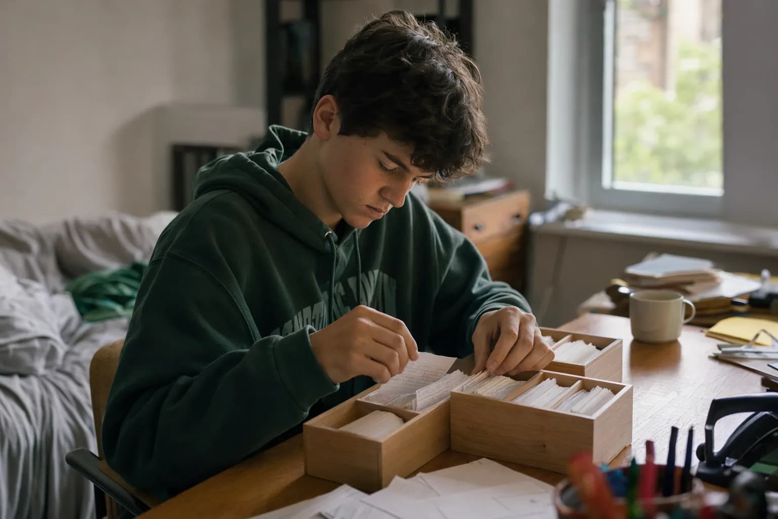 Schüler sortiert handgeschriebene Karteikarten in kleine Holzkästen am Schreibtisch (mit KI erzeugtes Bild)
