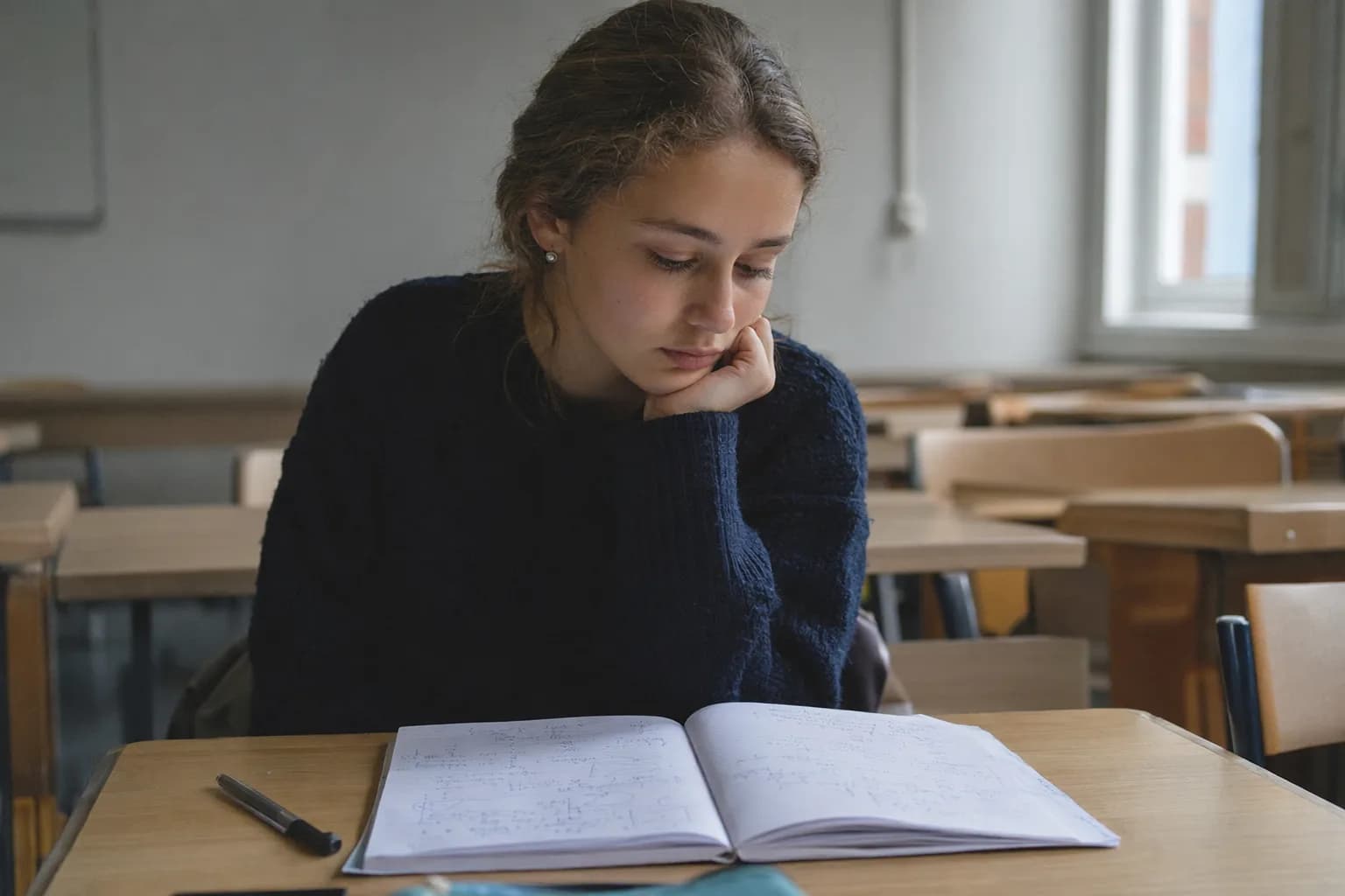 Schülerin sitzt nachdenklich vor einem aufgeschlagenen Mathematikheft mit Formeln in einem Klassenzimmer (mit KI erzeugtes Bild)