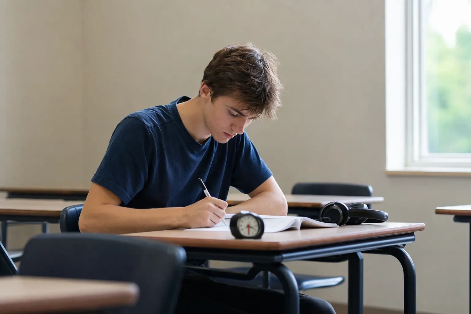 Ein Schüler schreibt konzentriert in einem leeren Klassenzimmer an einer Klausur, auf dem Tisch liegen ein Timer und Kopfhörer (mit KI erzeugtes Bild)