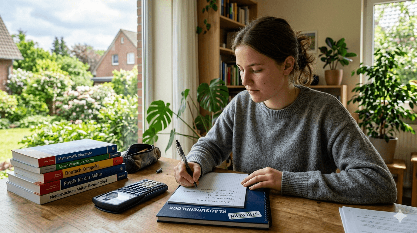 Schueler in Niedersachsen plant das Abitur am Schreibtisch mit Lernunterlagen und Rechner