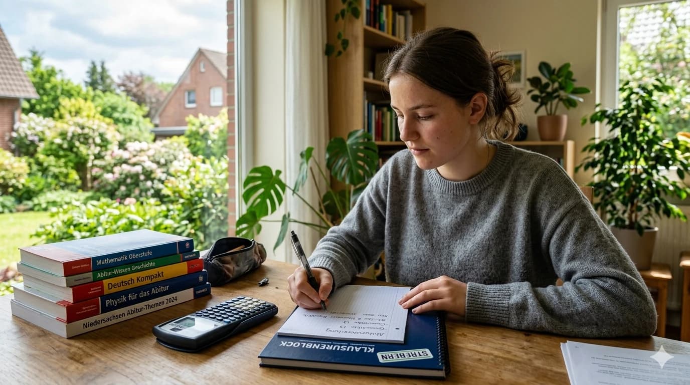 Schüler in Niedersachsen plant das Abitur am Schreibtisch mit Lernunterlagen und Rechner