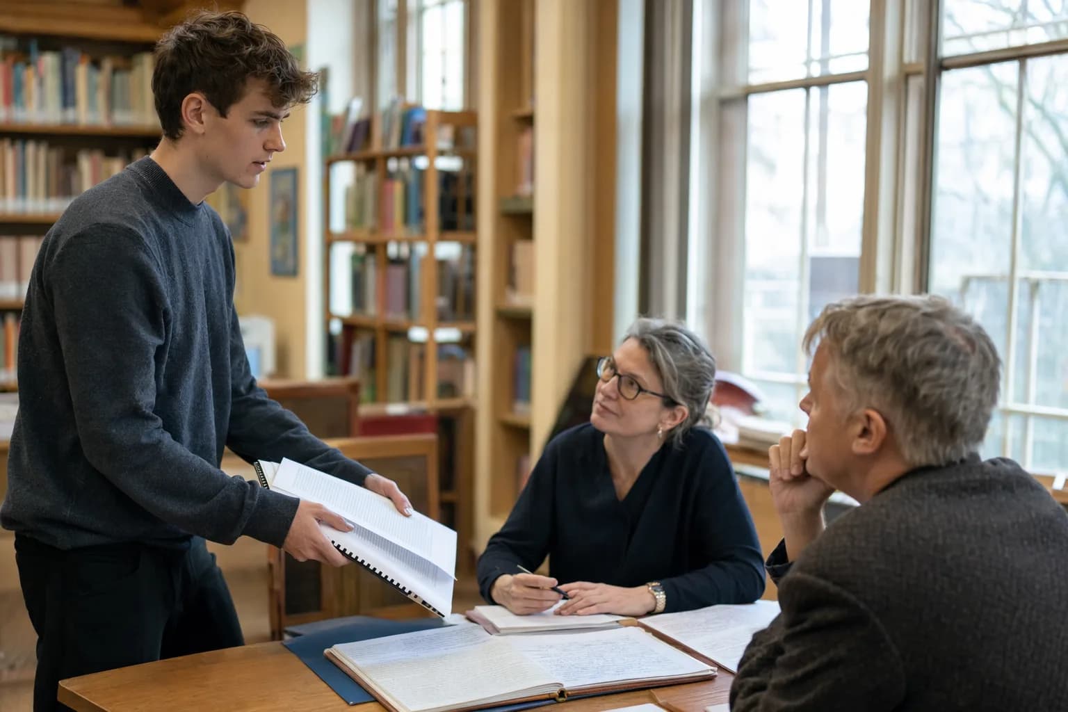 Schüler präsentiert eine gebundene Seminararbeit zwei Lehrkräften an einem Tisch in der Schulbibliothek (mit KI erzeugtes Bild)