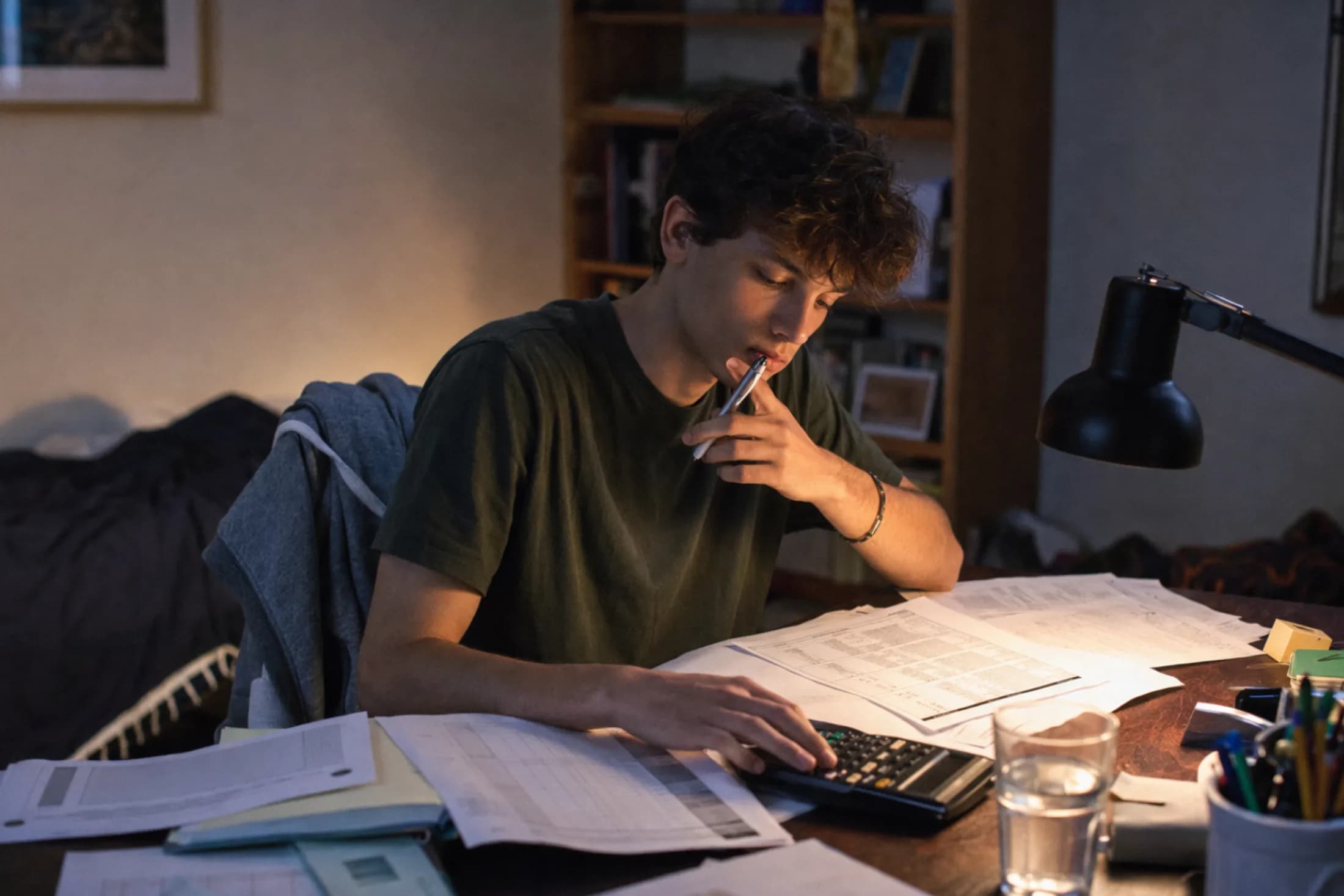 Schüler prüft am Abend am Schreibtisch mit Taschenrechner seine Punkteübersichten (mit KI erzeugtes Bild)