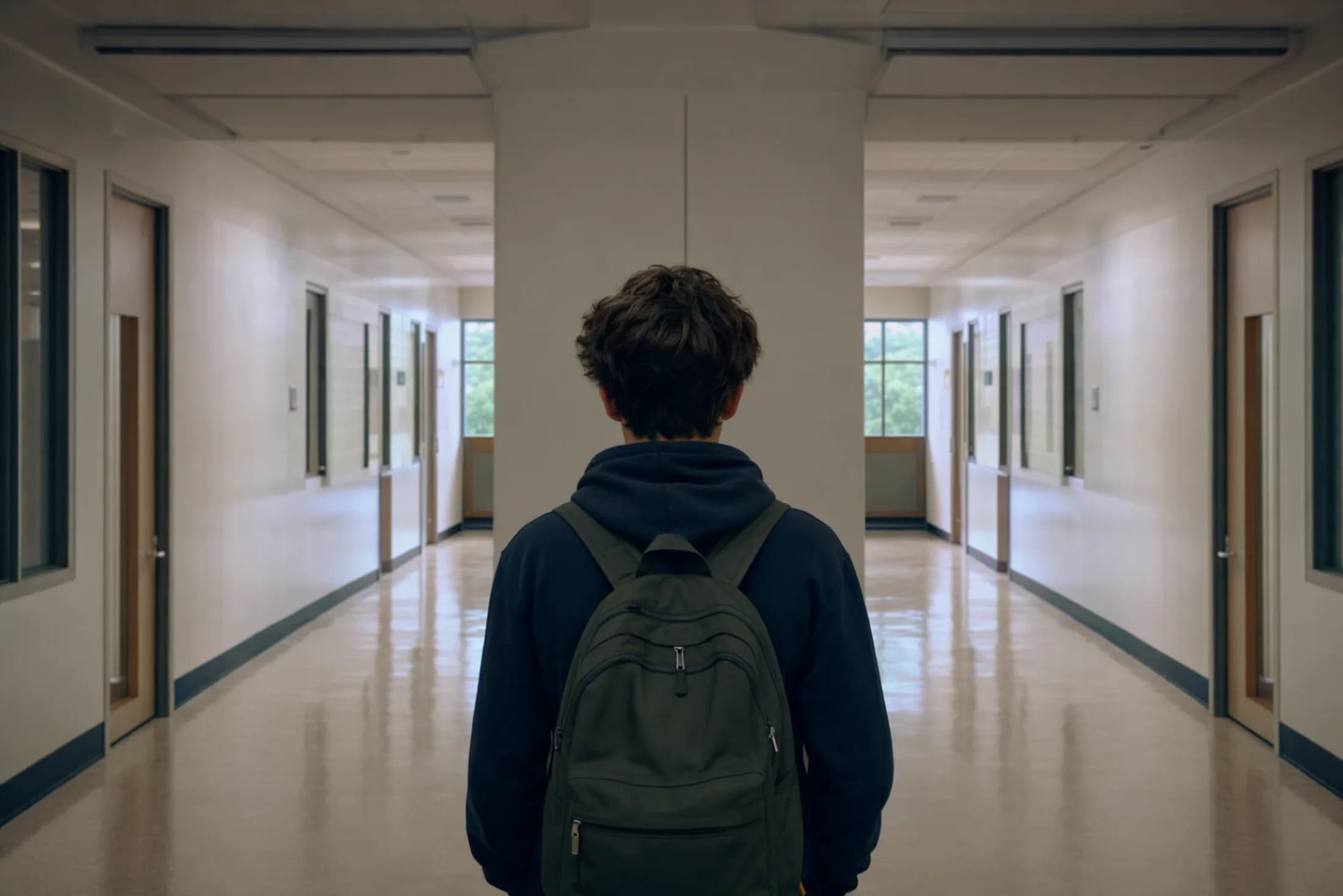 Schüler von hinten an einer Gabelung im Schulflur, zwei Wege führen nach links und rechts (mit KI erzeugtes Bild)