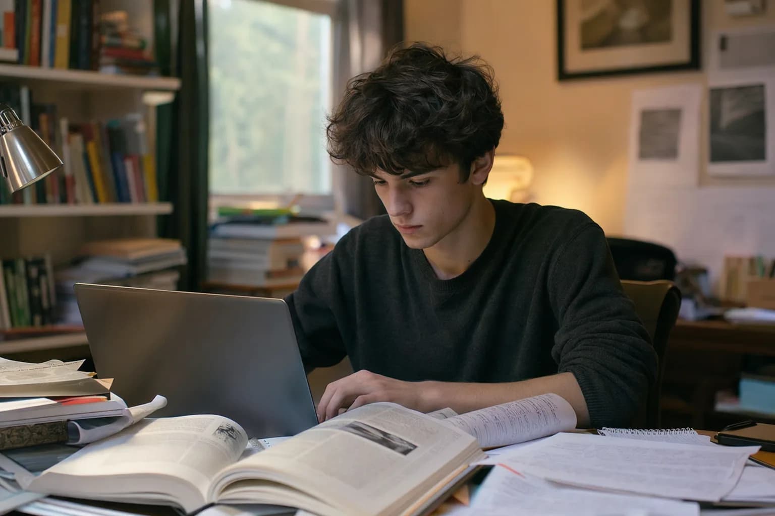 Ein Oberstufenschüler arbeitet abends am Schreibtisch an seiner Facharbeit, umgeben von aufgeschlagenen Büchern, handschriftlichen Notizen und einem Laptop (mit KI erzeugtes Bild)