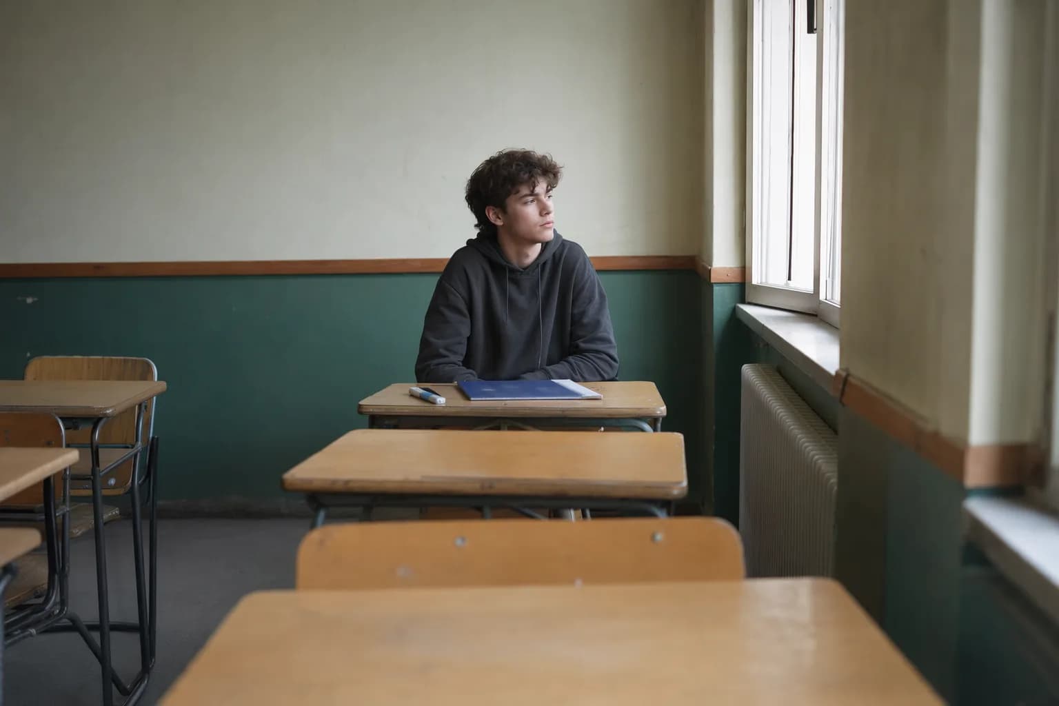 Ein Oberstufenschüler sitzt allein an einem Schultisch in einem leeren Klassenzimmer und blickt aus dem Fenster, vor ihm liegen ein Hefter und ein Stift (mit KI erzeugtes Bild)