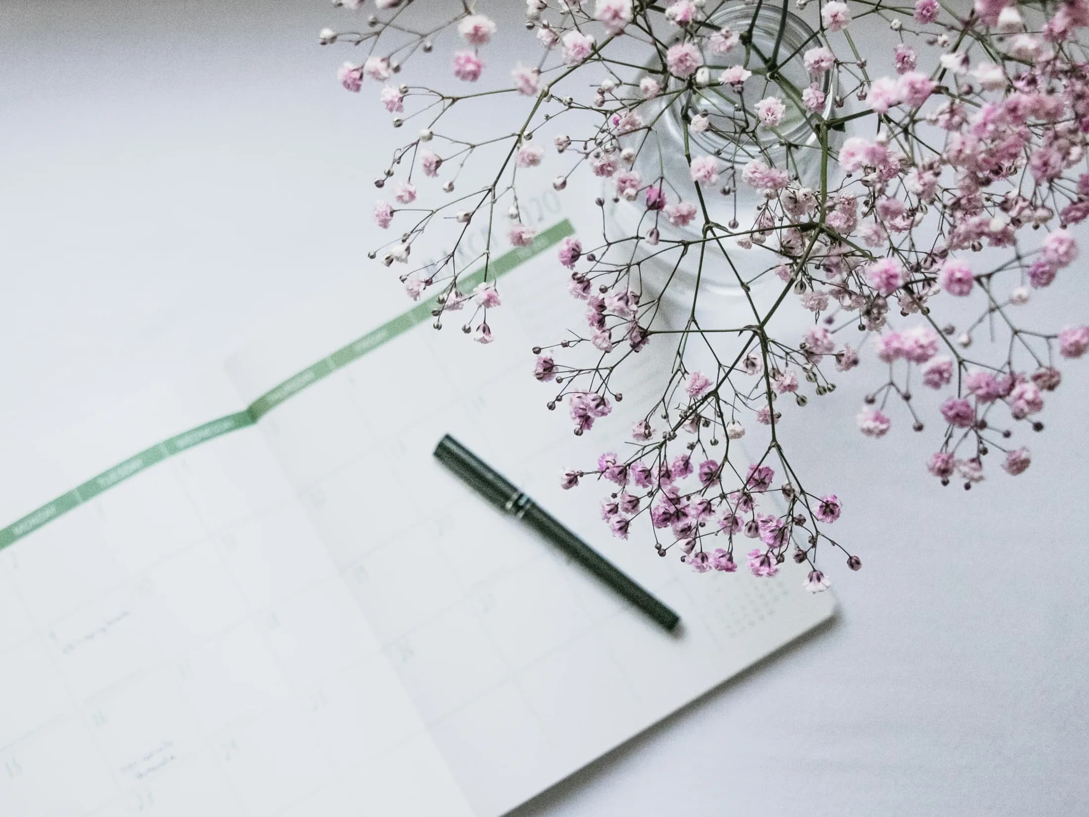 Aufgeschlagener Monatskalender mit Stift und Blumenzweig als Symbol für die Lernplanung