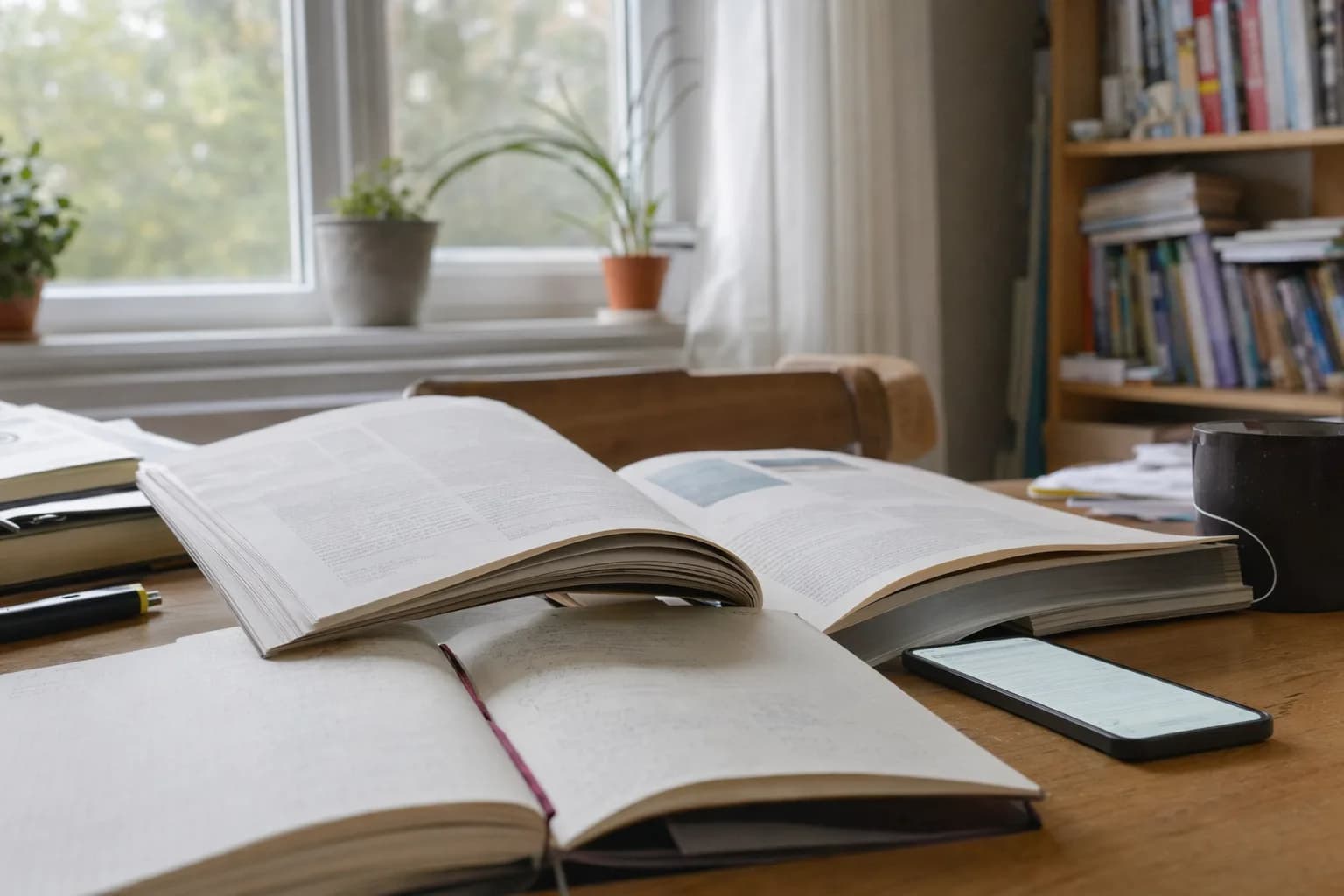 Unaufgeräumter Schreibtisch mit aufgeschlagenem Buch, Heft und Smartphone mit hellem Display bei Tageslicht (mit KI erzeugtes Bild)
