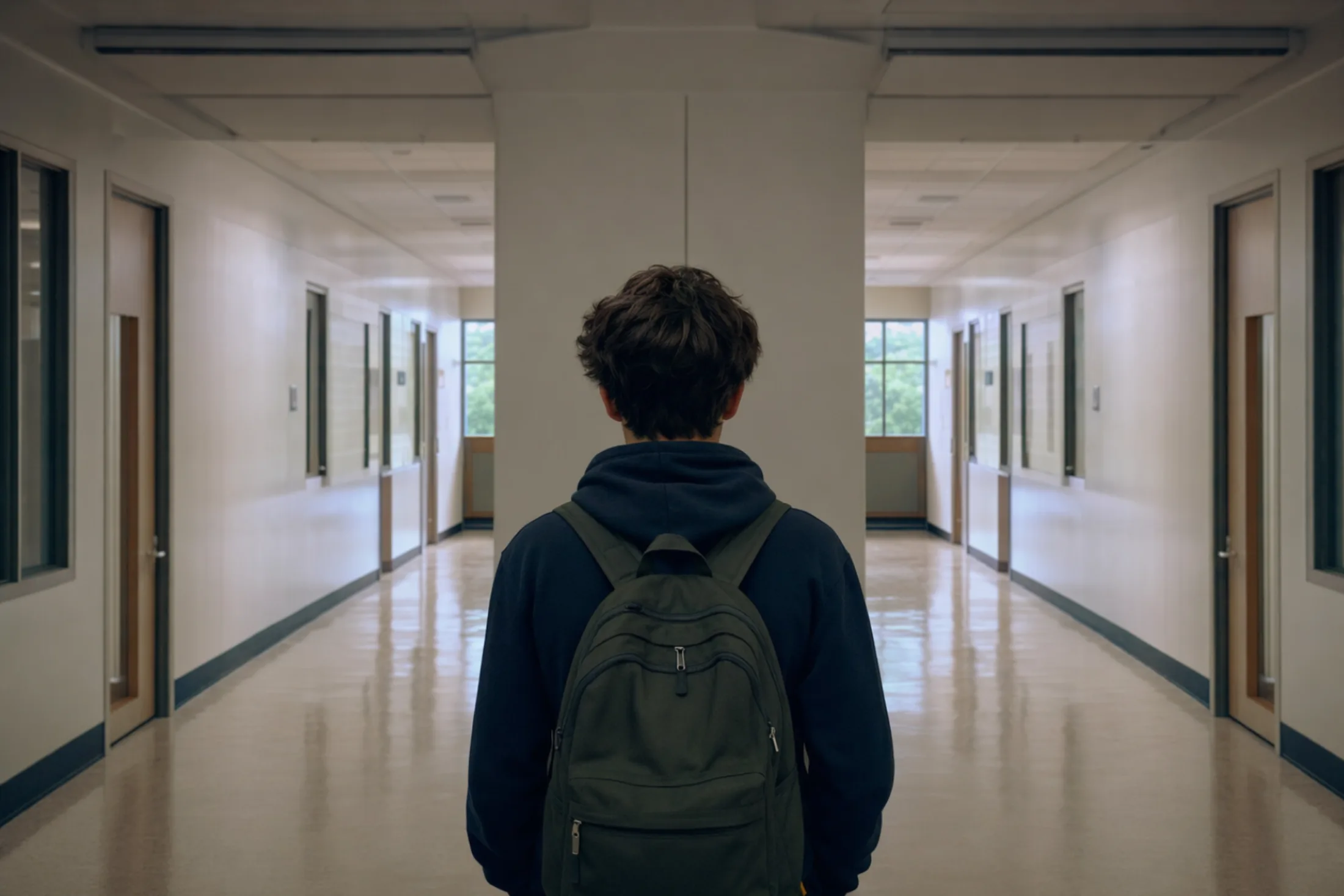 Schüler von hinten an einer Gabelung im Schulflur, zwei Wege führen nach links und rechts (mit KI erzeugtes Bild)