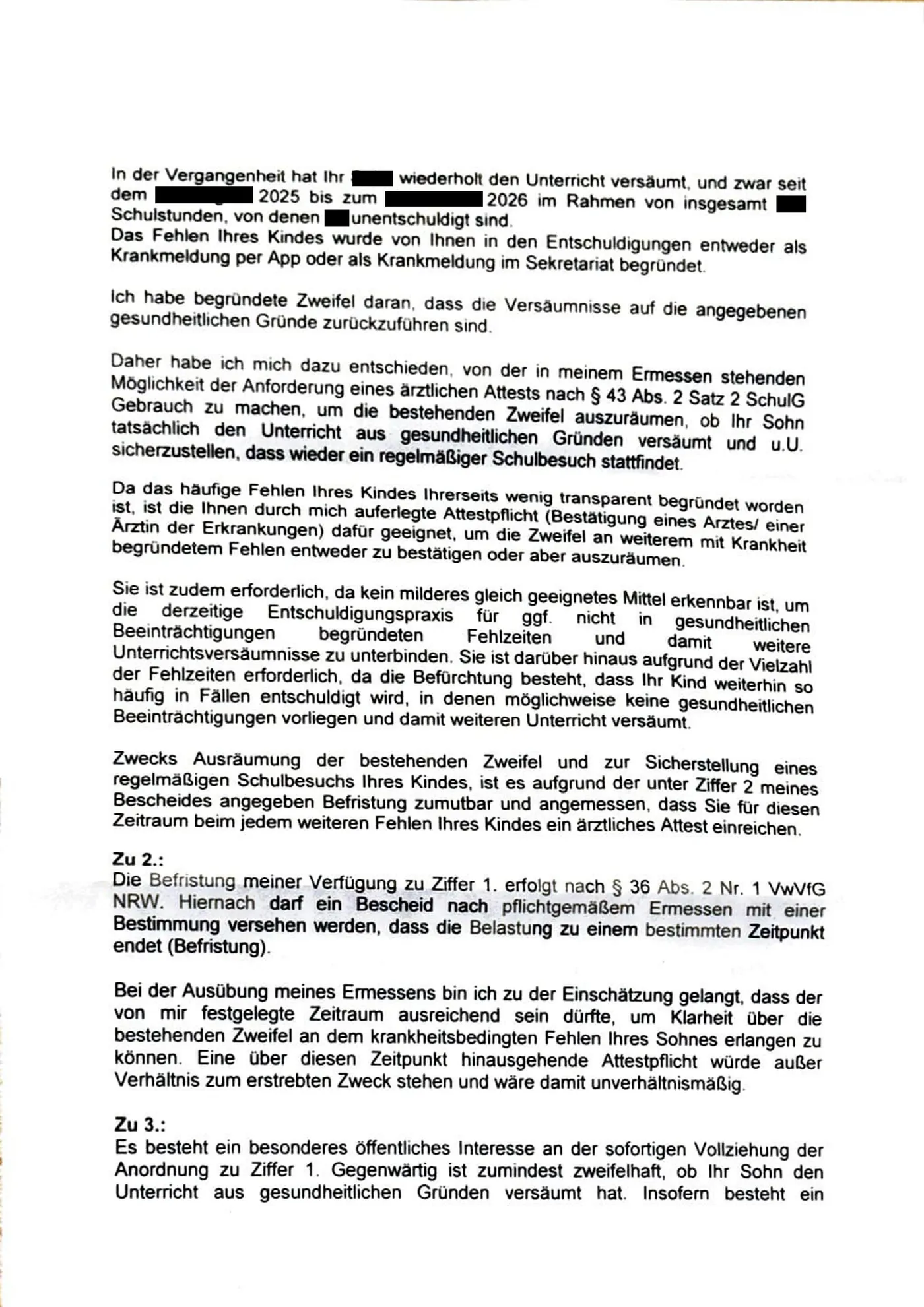 Anonymisierte zweite Seite eines Attestpflicht-Bescheids mit Begründung und Anordnung der sofortigen Vollziehung