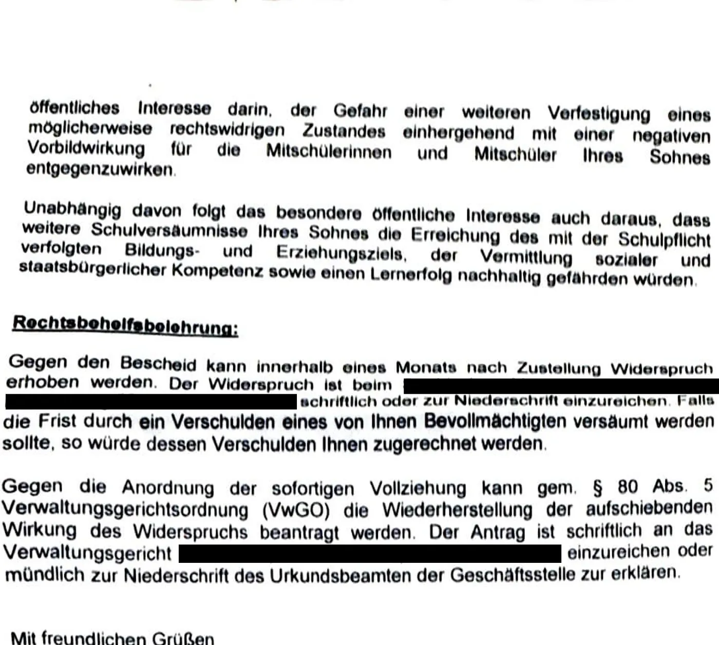 Anonymisierte Rechtsbehelfsbelehrung eines schulischen Attestpflicht-Bescheids