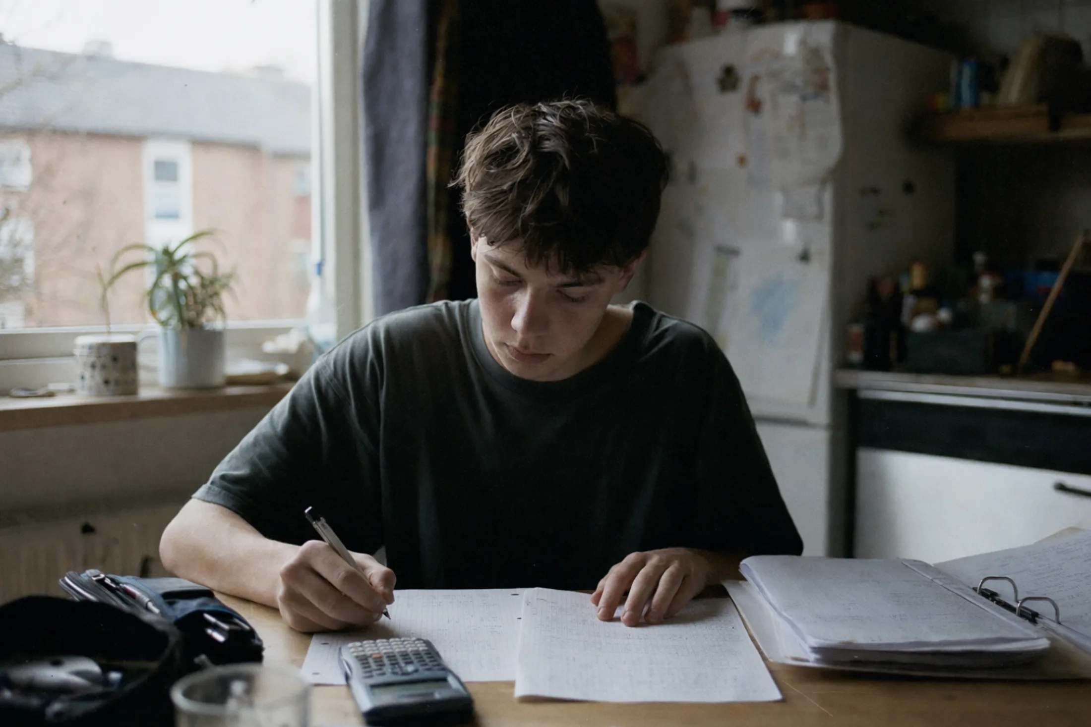 Schüler rechnet am Küchentisch mit Taschenrechner und Notizen für das Abitur (mit KI erzeugtes Bild)