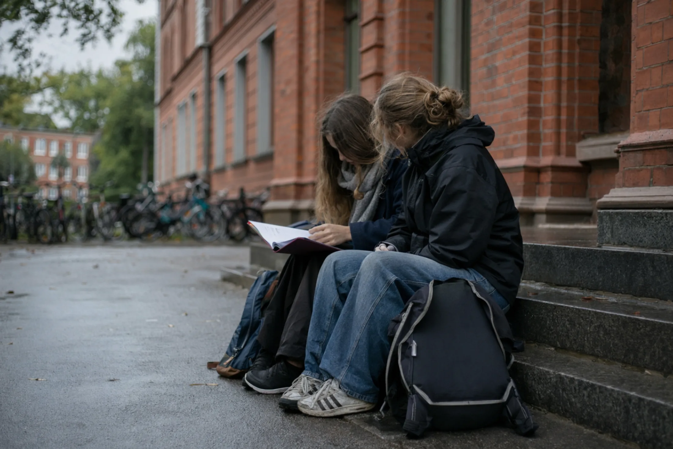 Zwei Schülerinnen sitzen mit Unterlagen auf den Stufen vor einem Backsteinschulgebäude (mit KI erzeugtes Bild)