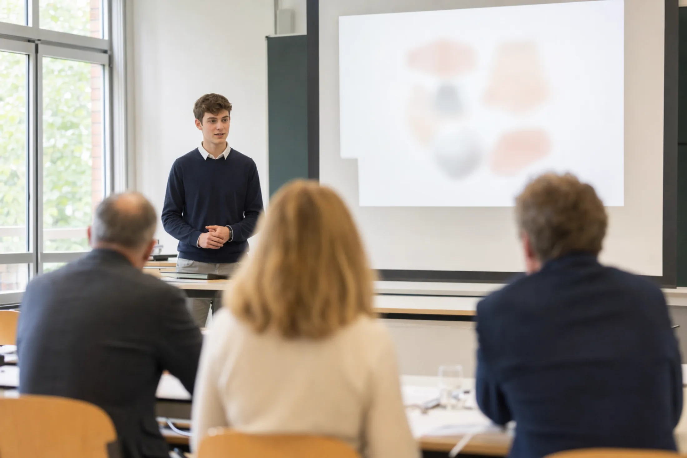 Schüler präsentiert vor einem Prüfungsausschuss neben einer Projektionsfläche im Klassenraum (mit KI erzeugtes Bild)
