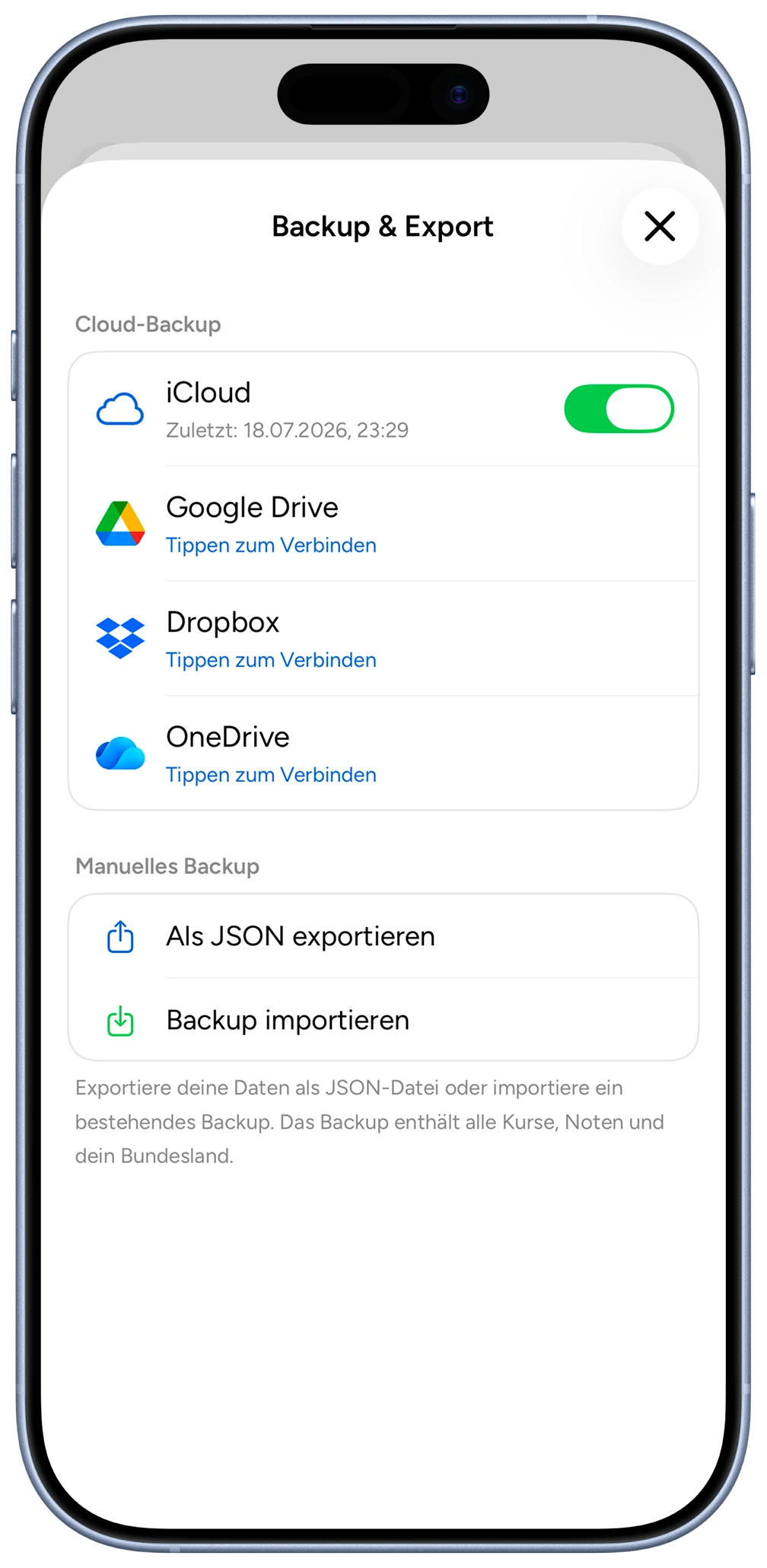 Abipilot Backup & Export in iCloud, Drive und mehr