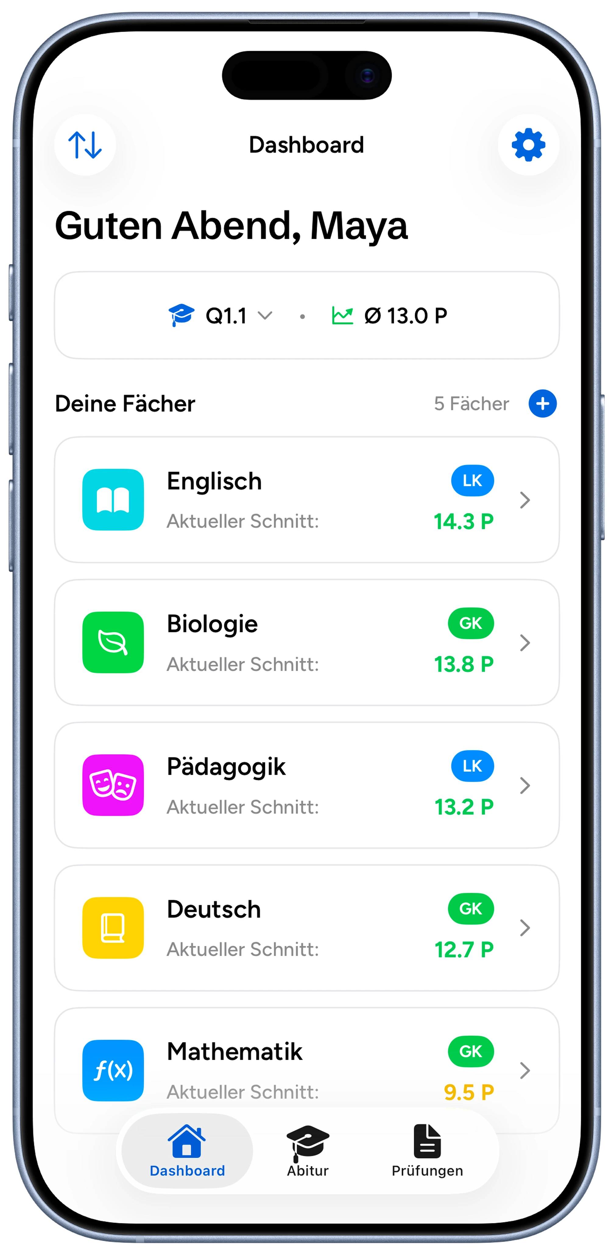 Abipilot Dashboard mit Fächern und Notenpunkten
